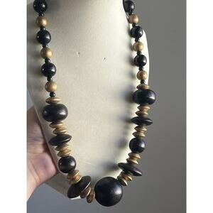Vintage Bohemian Wood Discs Black Ball Bead Statement Necklace Long 22”
